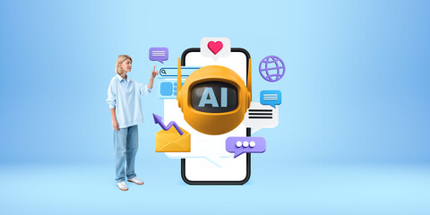 Young woman finger touch smartphone and chat bot, technology and communication