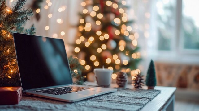 A cozy workspace with a laptop showing a snowflake on screen, surrounded by Christmas decorations and warm string lights in a home office setting.