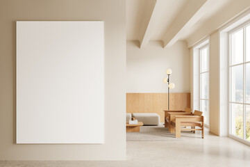 Living room interior with couch, armchairs and panoramic window. Mockup frame