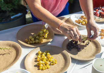 A woman is preparing a fruit platter with grapes on paper plates