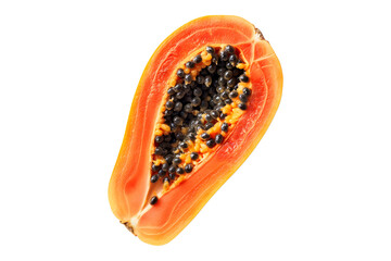Papaya sliced open, revealing its black seeds isolated on a white transparent background. Concept of tropical fruit freshness and healthy eating