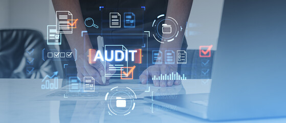 Business audit concept with digital interface on blue background.