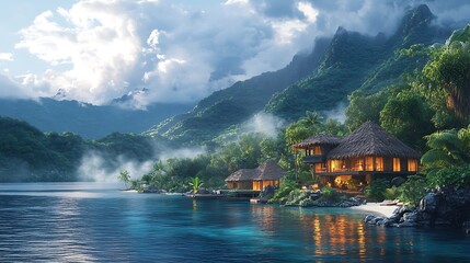 Naklejka premium Tropical island with two bungalows on the beach at sunrise.