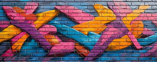 Fototapeta premium Brick Wall Graffiti with Abstract Shapes in Blue, Pink, and Yellow, Brick Wall, Graffiti Art, Urban Art