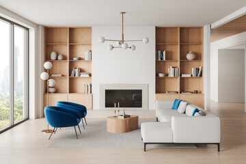 Cozy home living room interior with couch and armchairs, fireplace and window