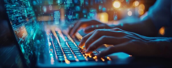 Cyberpunk Hands Typing on a Laptop with Glowing Blue Code, Cyberpunk, Futuristic, Technology