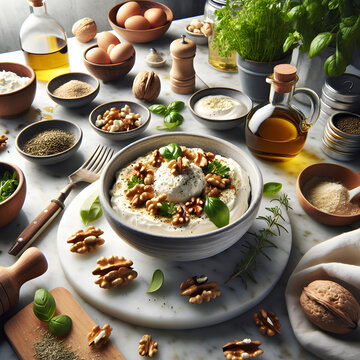 Pansoti with Walnut Sauce on Marble Counter