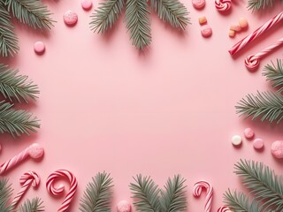 abstract pastel Top view border of Christmas tree with candy cane on pastel pink background