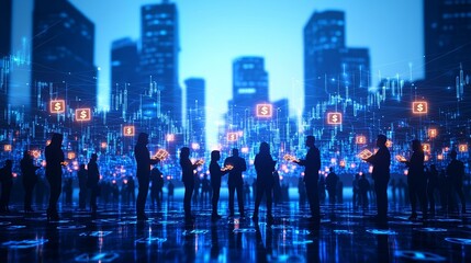 Silhouettes of People in a Cityscape with a Digital Network of Dollar Signs, Digital Finance, Networked Economy, Financial Technology, Fintech, Future of Finance, Digital Currency