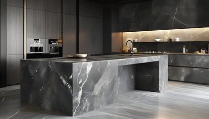 Stylish Modern Dark Marble Kitchen Island in Blurry Bokeh, Showcasing Elegant Marble Texture and Contemporary Home Interior Design Inspiration