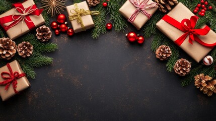 Festive gift boxes, pinecones, red ornaments, and greenery arranged on a dark background, ready for the holiday celebrations.