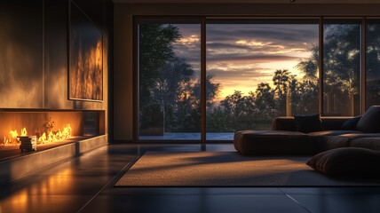 Fototapeta premium A modern living room at dusk, with soft ambient lighting from a