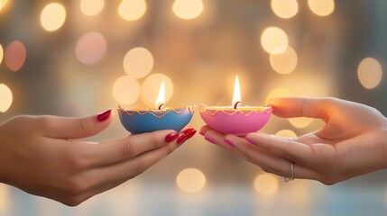 Two hands holding colorful oil lamps with flickering flames against a soft, illuminated background, symbolizing joy and celebration.