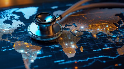 Stethoscope on illuminated digital world map highlighting global healthcare and connectivity