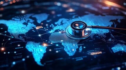 Stethoscope on illuminated digital world map highlighting global healthcare and connectivity