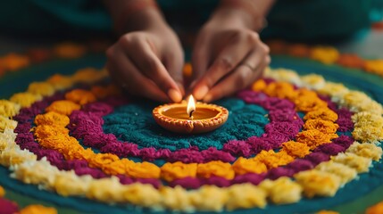 A person lighting a diya surrounded by vibrant flower petals in a beautiful mandala design for celebration.