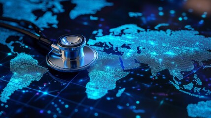Stethoscope on illuminated digital world map highlighting global healthcare and connectivity