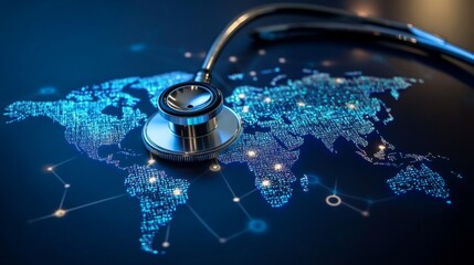 Stethoscope on illuminated digital world map highlighting global healthcare and connectivity