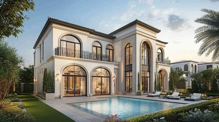 luxurious villa in Dubai with a private pool, garden, and modern amenities