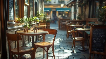 Empty outdoor cafe tables and chairs with a chalkboard menu in the background.