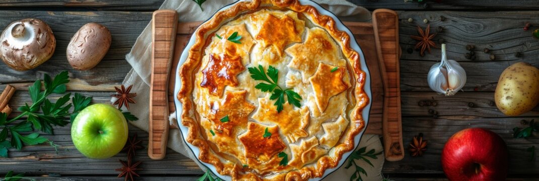 Meat Pie Stuffed with Chicken, Beef, Mushroom and Potatoes, Round Closed Apple Pie