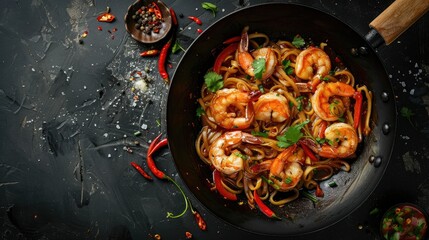 Top down view of shrimp and prawn seafood udon stir fry in a wok on a dark surface