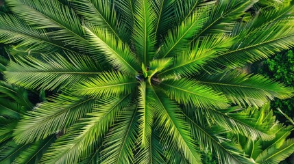 Fototapeta premium Top view of a palm tree and its leaves
