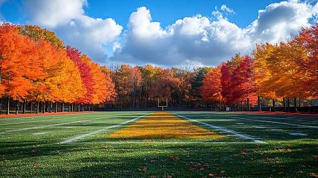 A football field with fall foliage and a blue sky with clouds.
