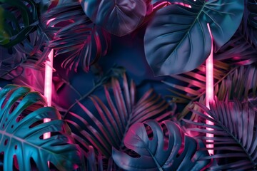 Neon light frame with tropical leaves, laser border, shiny night banner, led design