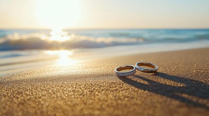 Two elegant wedding rings rest gently on a sunlit sandy beach, symbolizing eternal love and commitment. The serene coastal backdrop offers a perfect setting for romance, unity, and a lifelong bond