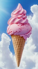 Pink ice cream cone against blue sky with clouds