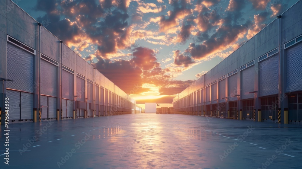 Poster a large empty warehouse with a sunset in the background