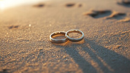 Two elegant wedding rings rest gently on a sunlit sandy beach, symbolizing eternal love and commitment. The serene coastal backdrop offers a perfect setting for romance, unity, and a lifelong bond