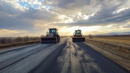 Two large machines are simultaneously paving freshly laid asphalt on a rural road while the cloudy sky looms overhead