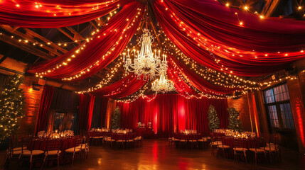 A beautifully decorated venue with red draped fabric and sparkling lights for a festive celebration during the holiday season