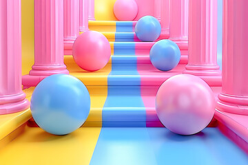 Colorful balls rolling down stairs in abstract architectural space