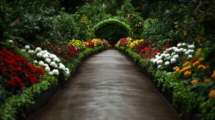 Obraz premium A scenic garden pathway lined with vibrant flowers in full bloom, inviting visitors to explore nature's beauty.