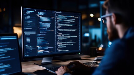 A programmer coding at night, focused on a dual monitor setup displaying complex programming scripts and digital development tasks.