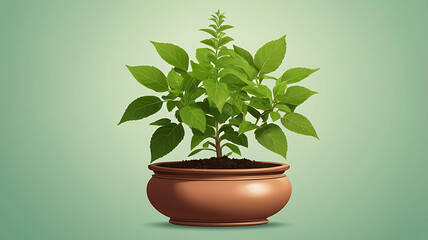 Fototapeta premium Illustration of a Vastu Feng Shui tulsi plant on a plain green background