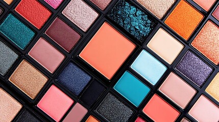 Various eyeshadow palettes with bold, vibrant colors placed along the sides, leaving a clean center for messaging