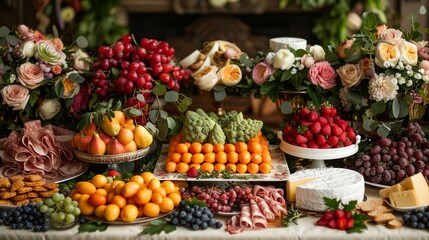 A table is covered with a variety of fruits and vegetables, including apples
