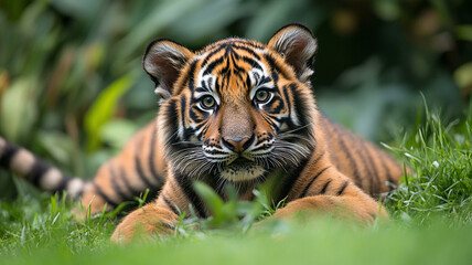 Fototapeta premium Young tiger relaxing in lush greenery on World Animal Day celebration