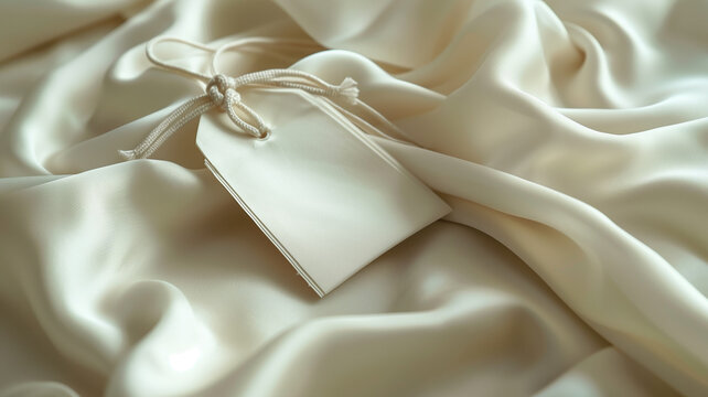  A blank tag with a jute string on a beige fabric background, perfect for product tags, branding, and packaging.