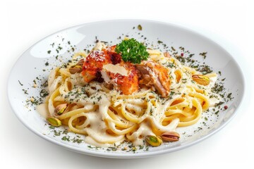 Italian Pasta with Chicken Fillet, Cream, Parmesan Espuma, Cheese, Pistachios, Olive Salt and Parsley