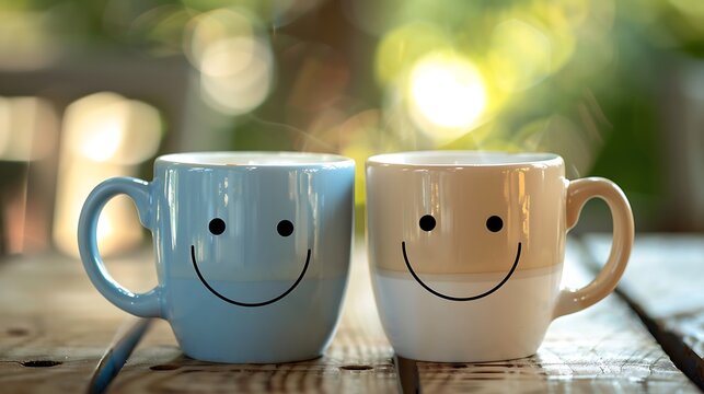 Two cups of tea or coffee closeup with smiling faces emoticon with a smile concept with blue and white couple cup