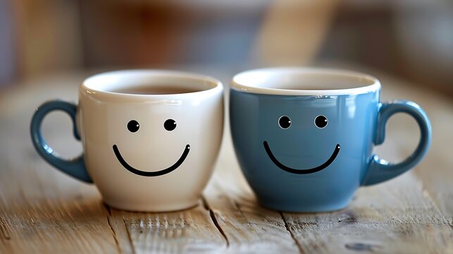 Two cups of tea or coffee closeup with smiling faces emoticon with a smile concept with blue and white couple cup