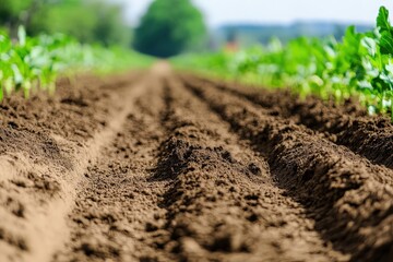 Freshly plowed soil rows in agricultural field