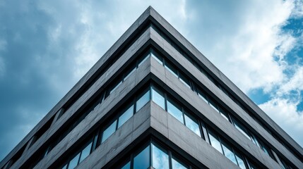 Modern architectural design featuring a sleek building under a dramatic sky, showcasing a unique perspective of urban structures.