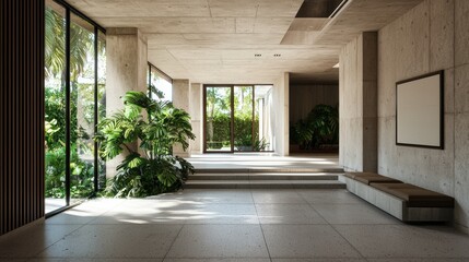 Modern interior design featuring concrete walls, large windows, and lush greenery for a tranquil and stylish atmosphere.