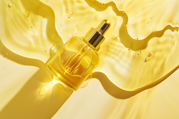A golden serum bottle surrounded by shimmering liquid, perfect for beauty and skincare products.